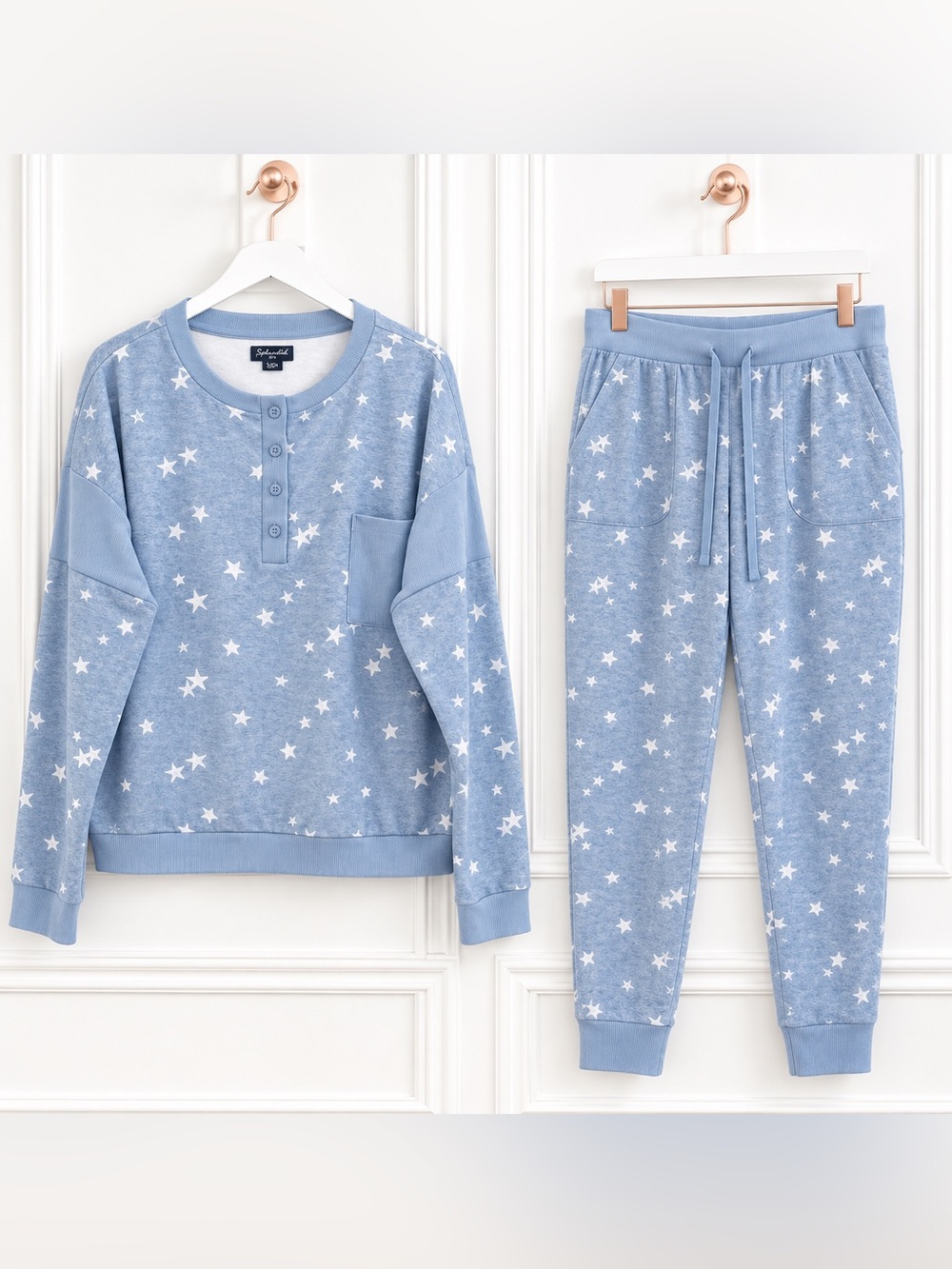 Splendid Womens Small Blue 2 Piece Star Print Pajama Set Loungewear PJ Top Pants